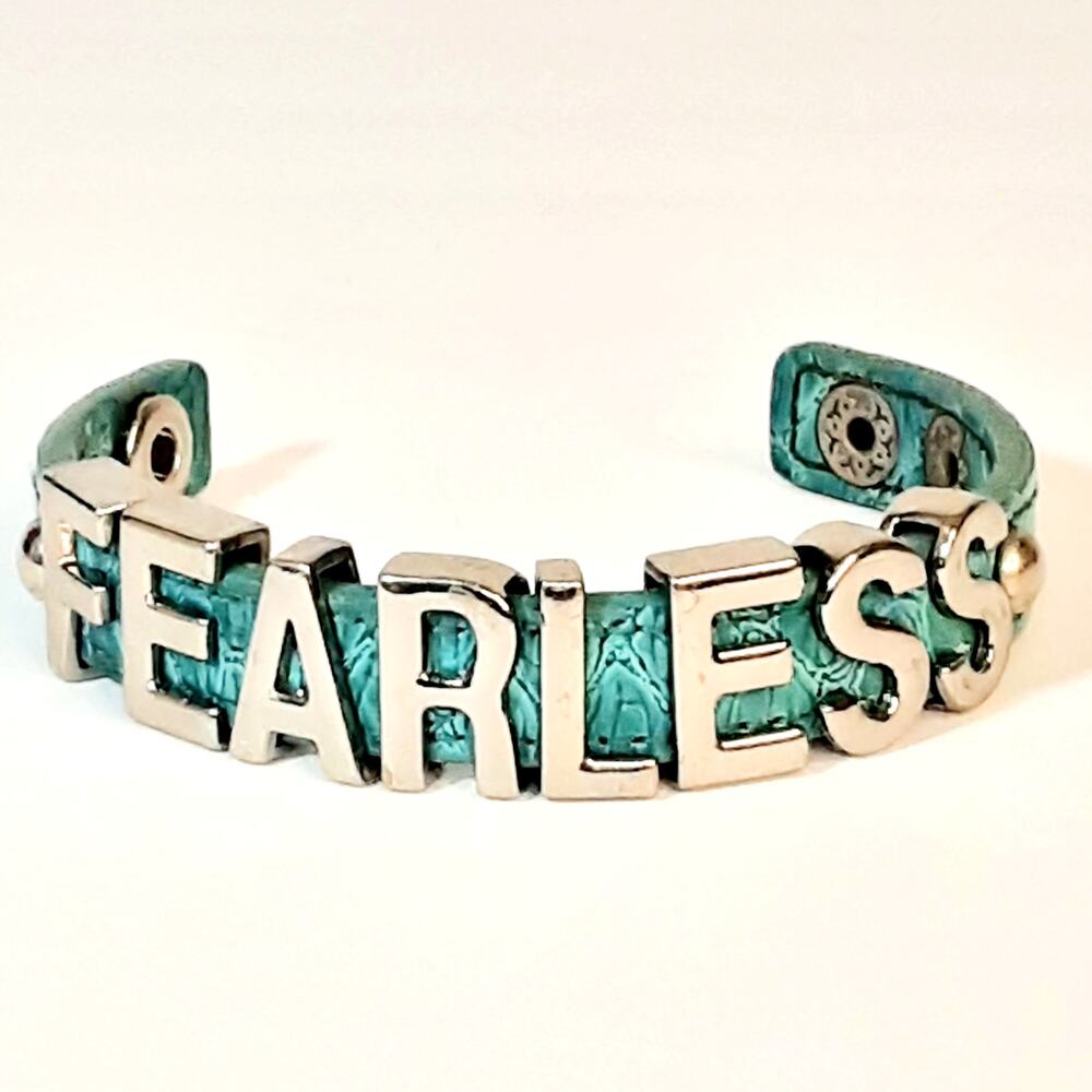 BCBGeneration Teal Faux Leather Bracelet Silver Tone Letters Spellout Fearless